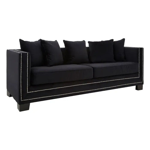Sofia 3 Seater Soft Black Velvet Sofa with wooden leg and matching cushions