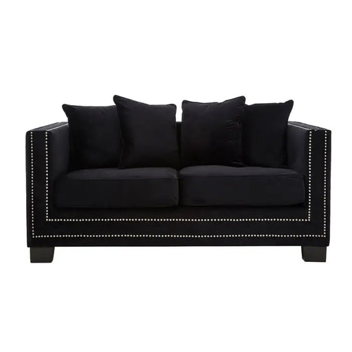 Sofia 2 Seater Sofa, Soft Black Velvet, Wooden Legs, Cushions