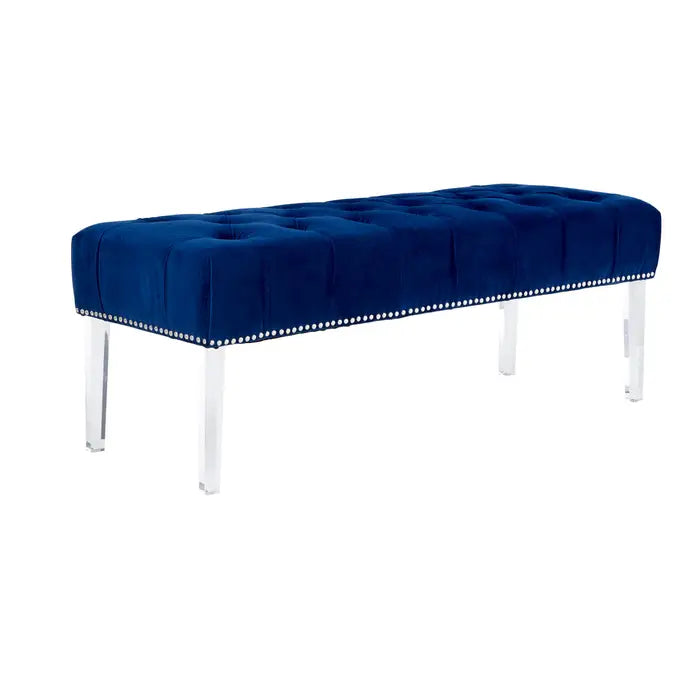 Walden Indoor Bench, Blue Button Tufted Velvet, Clear Arcylic Legs