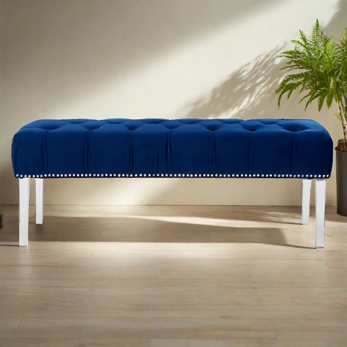 Walden Indoor Bench, Blue Button Tufted Velvet, Clear Arcylic Legs