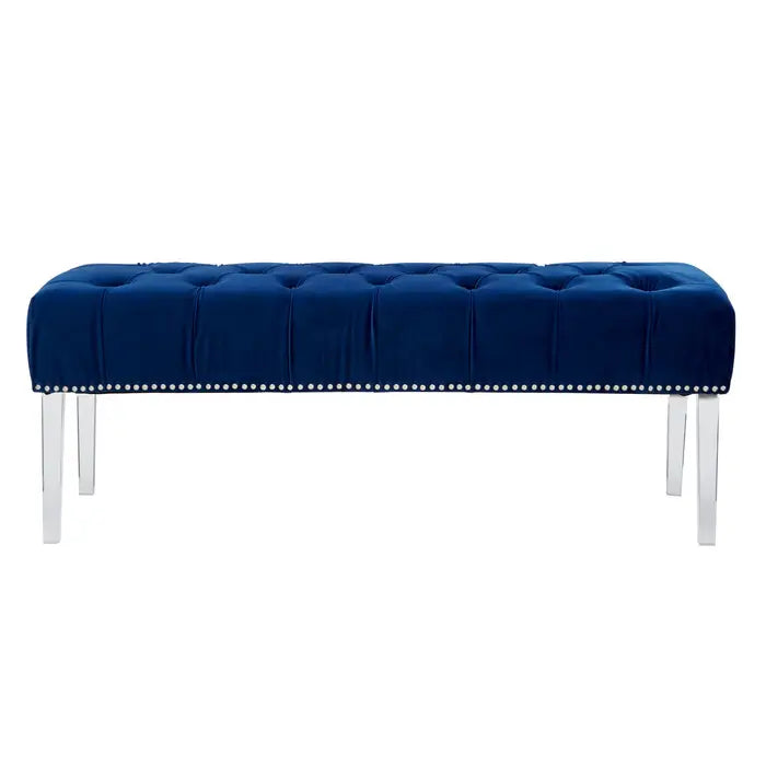 Walden Indoor Bench, Blue Button Tufted Velvet, Clear Arcylic Legs