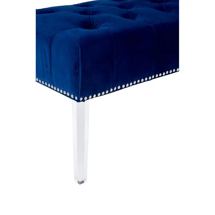 Walden Indoor Bench, Blue Button Tufted Velvet, Clear Arcylic Legs