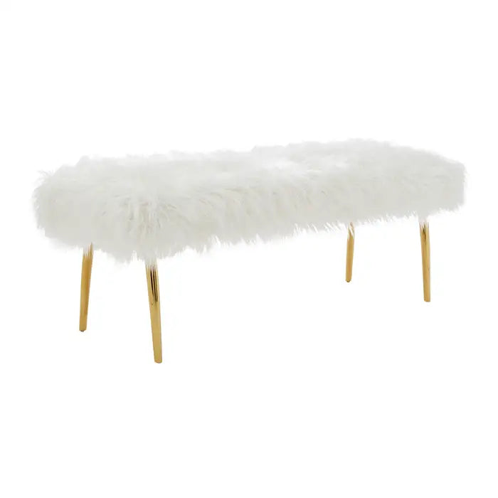 Hatfield Indoor Bench, White Fur Seat, Gold Metal Legs