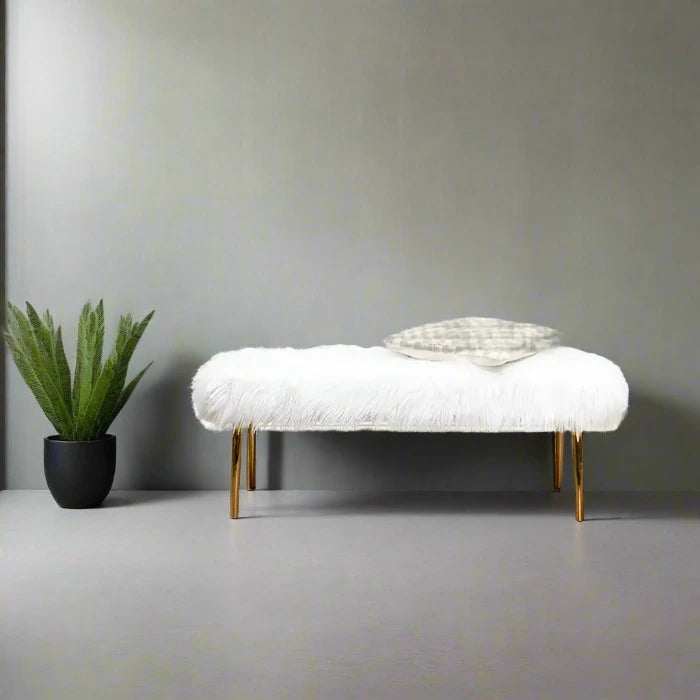 Hatfield Indoor Bench, White Fur Seat, Gold Metal Legs