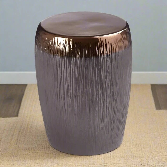 Drum-Shaped Iron Table with Taupe Shade and Copper Finish Edge