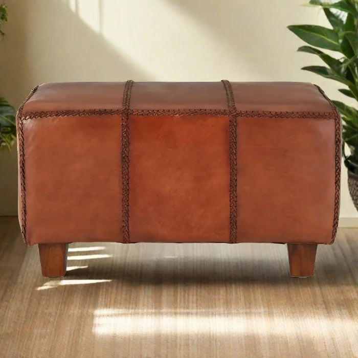 Metro Indoor Bench, Tan Stitched Leather, Tapered Teak Leg