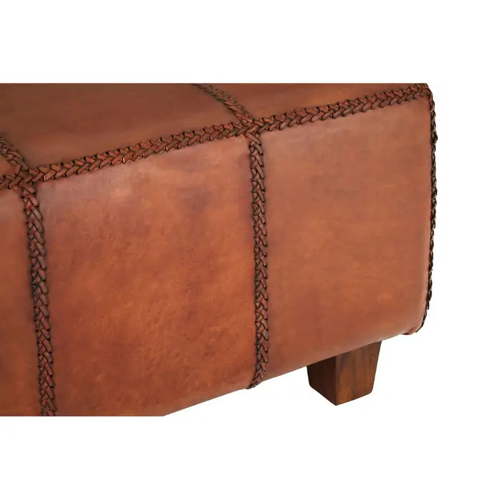 Metro Indoor Bench, Tan Stitched Leather, Tapered Teak Leg