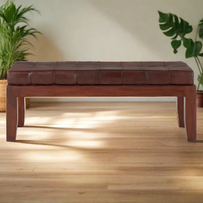 Metro Indoor Bench, Stitched Brown Leather, Brown Teak Frame