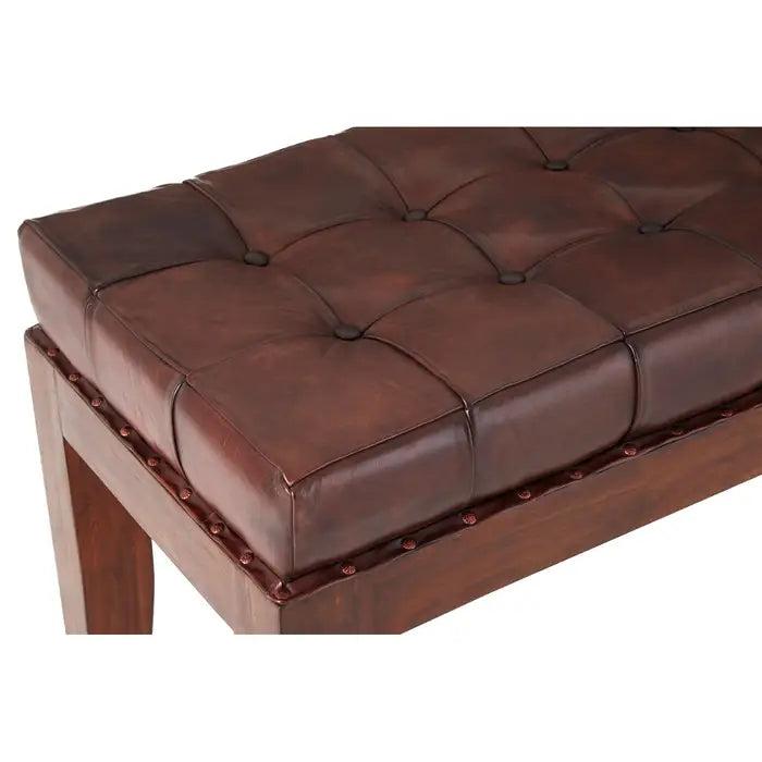 Metro Indoor Bench, Stitched Brown Leather, Brown Teak Frame