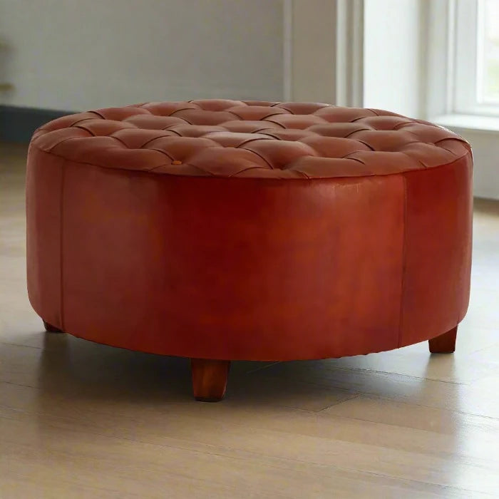 Luxury Antique Brown Leather & Wood Pouffe