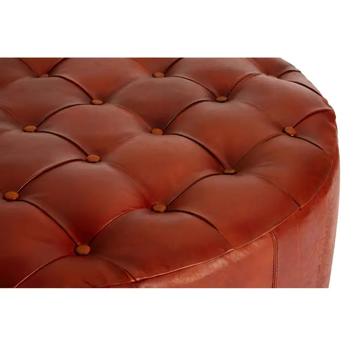 Luxury Antique Brown Leather & Wood Pouffe