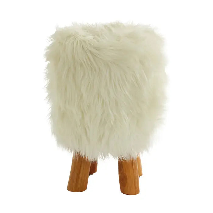 Shaggy Faux Fur & Teak Wood Footstool