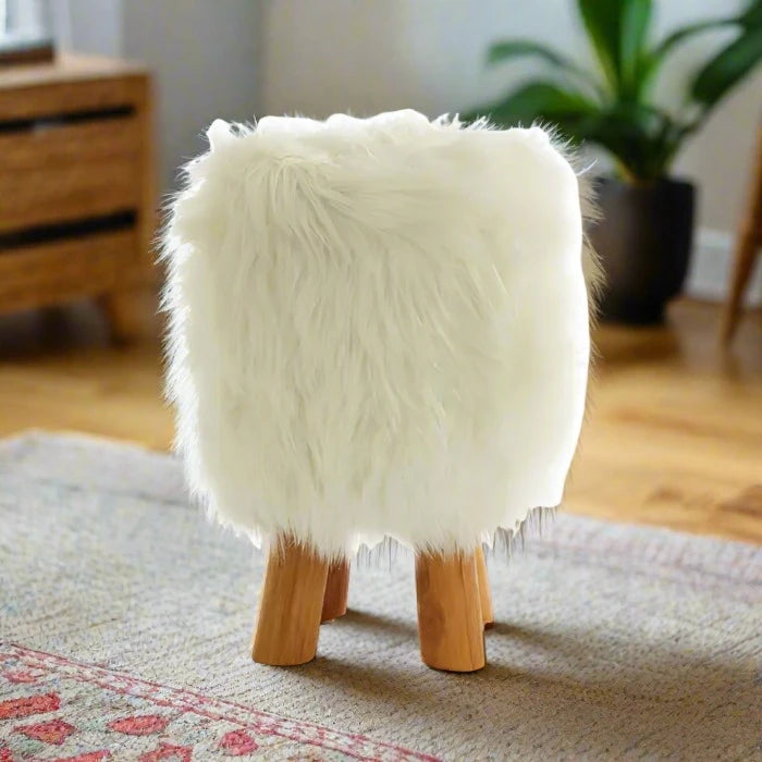 Shaggy Faux Fur & Teak Wood Footstool