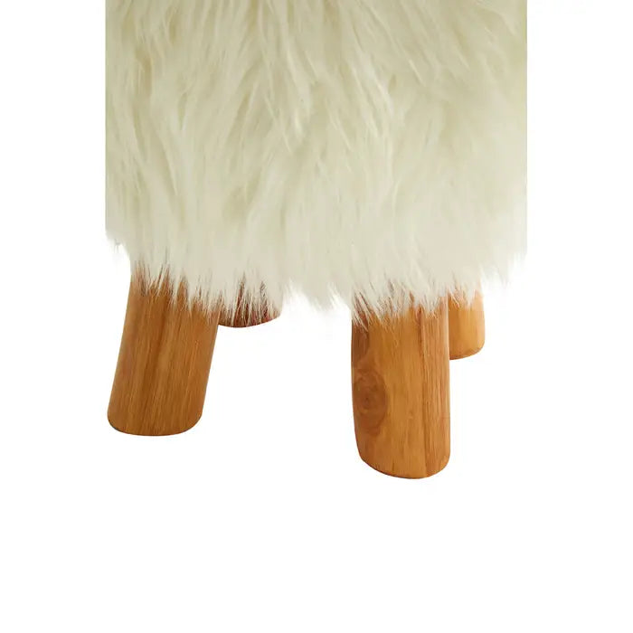 Shaggy Faux Fur & Teak Wood Footstool