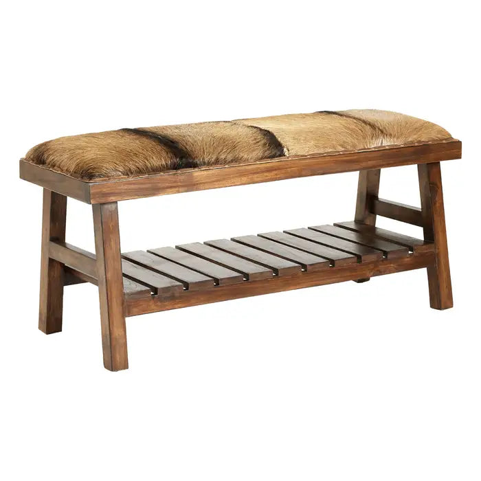 Metro Indoor Bench, Goat Hide Seat, Brown Wood Frame