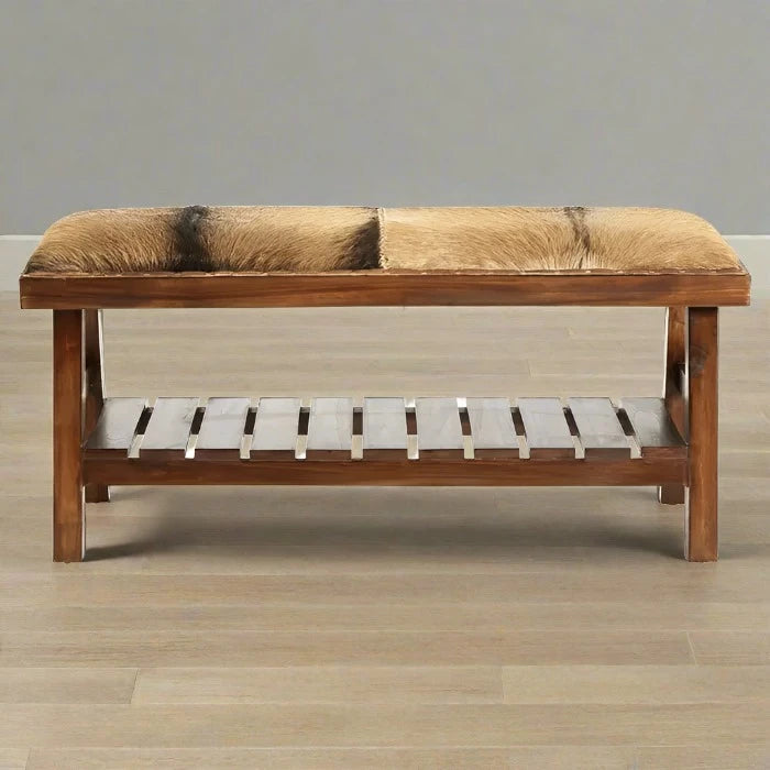 Metro Indoor Bench, Goat Hide Seat, Brown Wood Frame