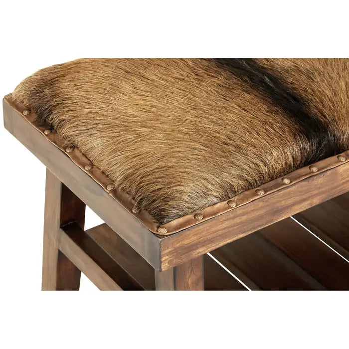 Metro Indoor Bench, Goat Hide Seat, Brown Wood Frame