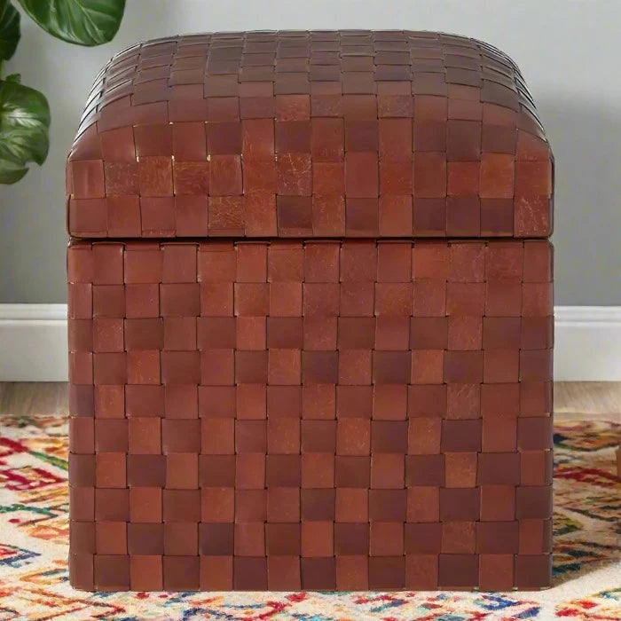 Inca Storage Stool with Teak Wood Frame and Brown Leather Upholstery