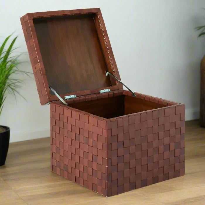 Inca Storage Stool with Teak Wood Frame and Brown Leather Upholstery