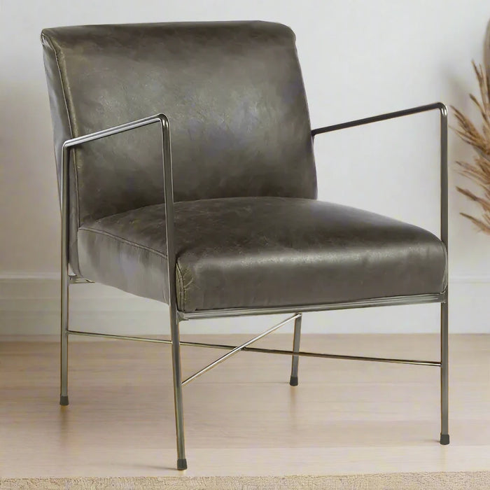 Hoxton Lounge Chair with Dark Iron Frame and Grey Leather Upholstery