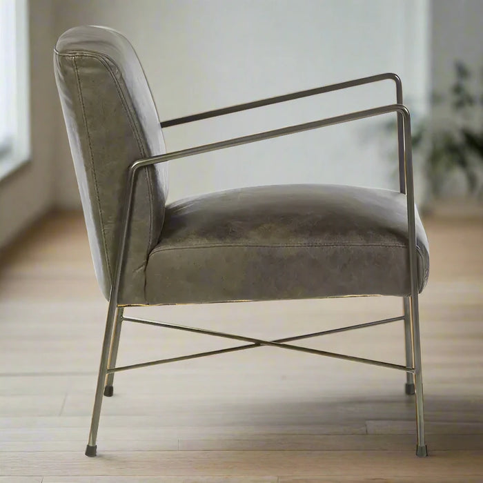 Hoxton Lounge Chair with Dark Iron Frame and Grey Leather Upholstery