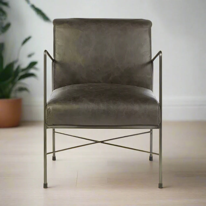 Hoxton Lounge Chair with Dark Iron Frame and Grey Leather Upholstery