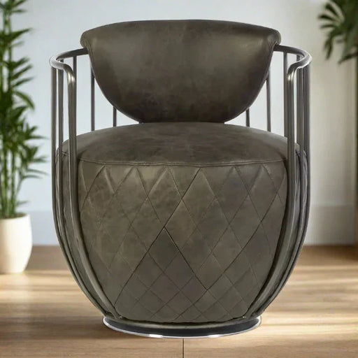 Modern Grey Leather Accent Chair – Metal Frame with Quilted Upholstery  