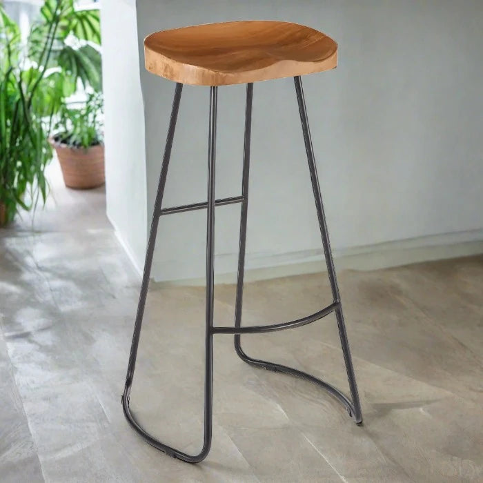 Nandri Bar Stool, Natural Wood, Black Metal