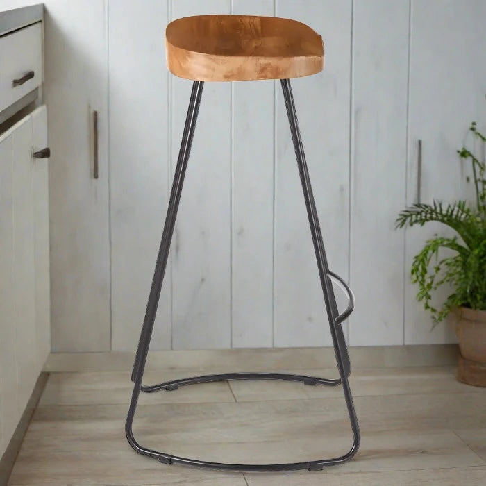 Nandri Bar Stool, Natural Wood, Black Metal