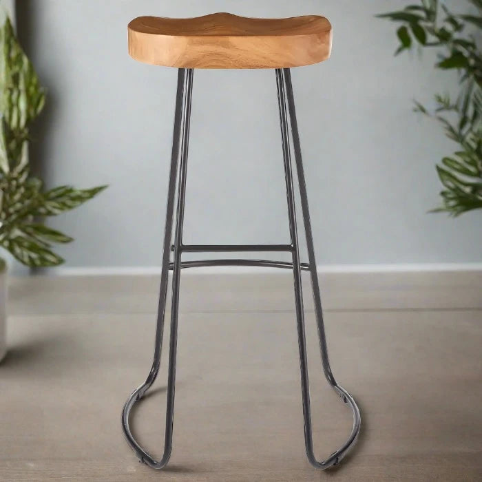 Nandri Bar Stool, Natural Wood, Black Metal