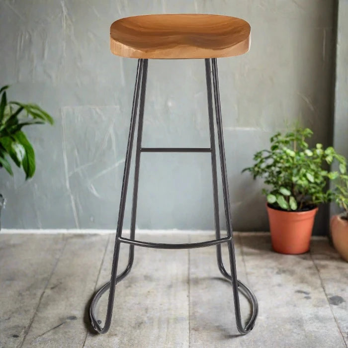 Nandri Bar Stool, Natural Wood, Black Metal