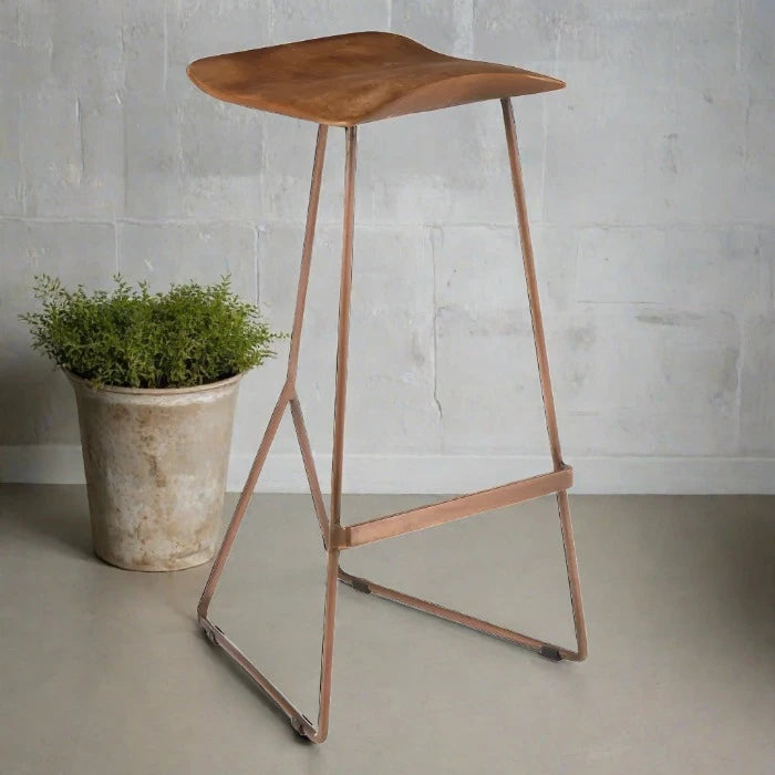 Nandri Bar Stool, Brown Leather, Copper Metal