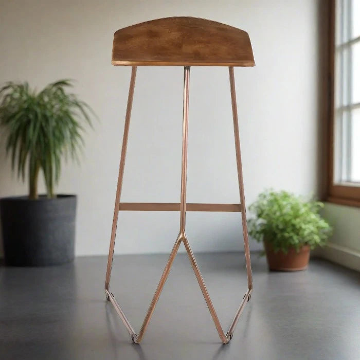 Nandri Bar Stool, Brown Leather, Copper Metal