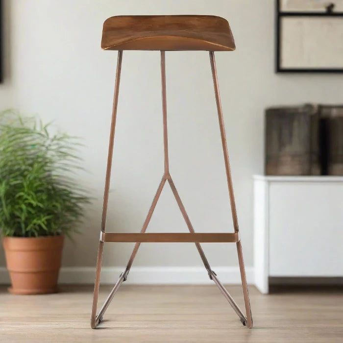 Nandri Bar Stool, Brown Leather, Copper Metal