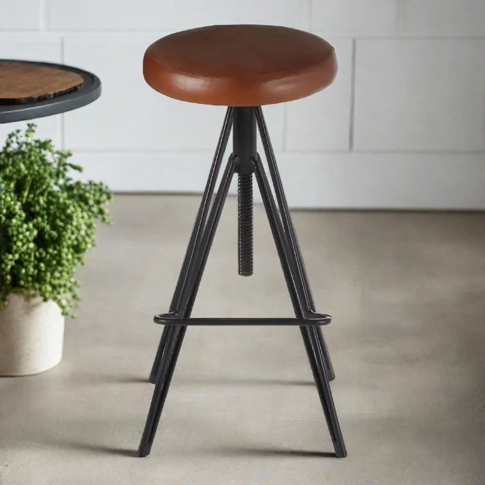 Nandri Bar Stool, Brown Leather Seat, Black Metal