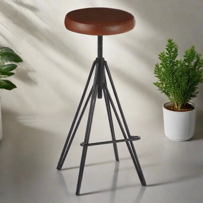 Nandri Bar Stool, Brown Leather Seat, Black Metal