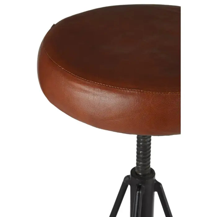 Nandri Bar Stool, Brown Leather Seat, Black Metal