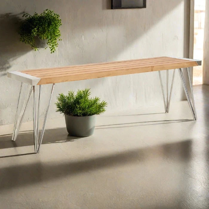 Santana Dining Bench, Natural Teak Slatted Wood, Brushed Steel Frame 