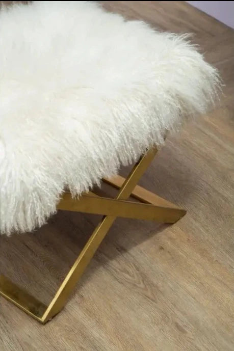 White Wool Stool With Gold Crossed-Leg Stool