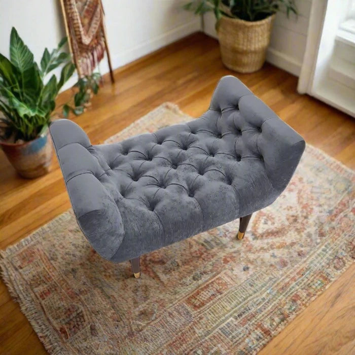 Grey Chenille Fabric Upholstered Chic Stool with Birchwood Legs