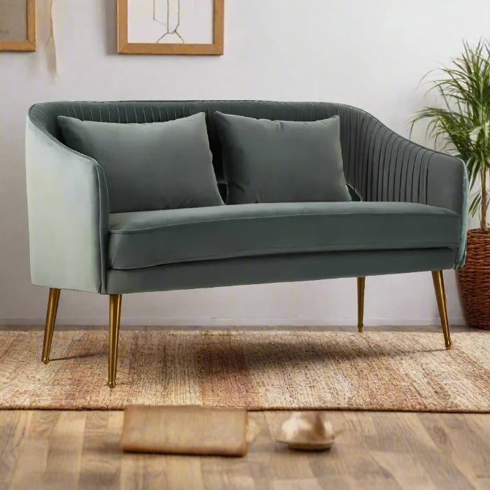 Hendricks 2 Seater Sofa, Grey Velvet, Gold Finish Stainless steel legs, 2 Matching Cushions