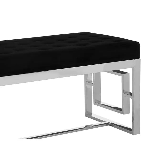 Hampton Indoor Bench, Black Button Tufted, Silver Frame