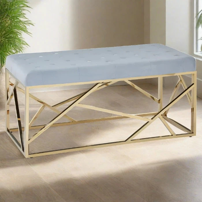 Albion Indoor Bench, Powder Blue Velvet, Geometric Gold Metal Frame