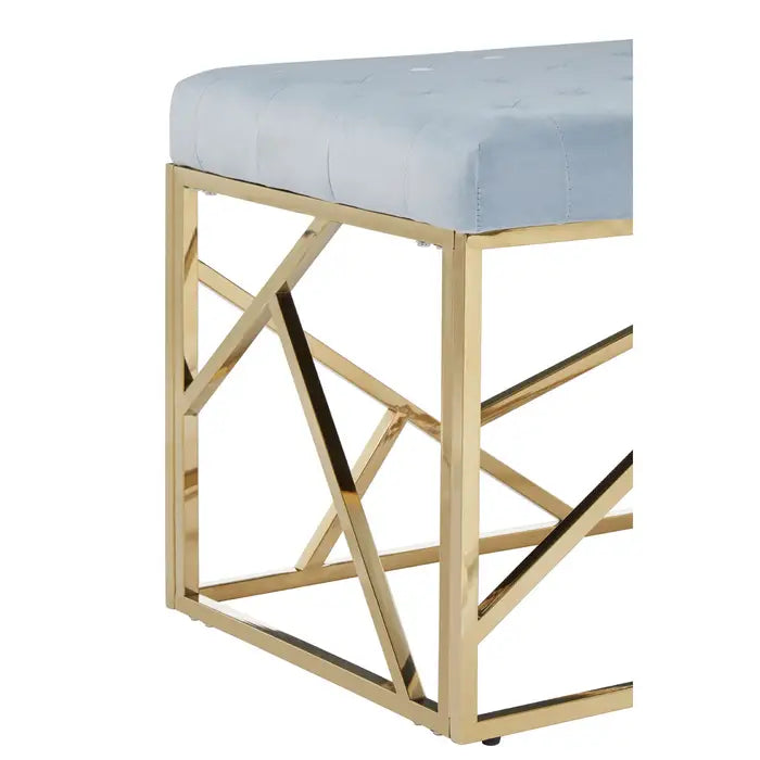 Albion Indoor Bench, Powder Blue Velvet, Geometric Gold Metal Frame