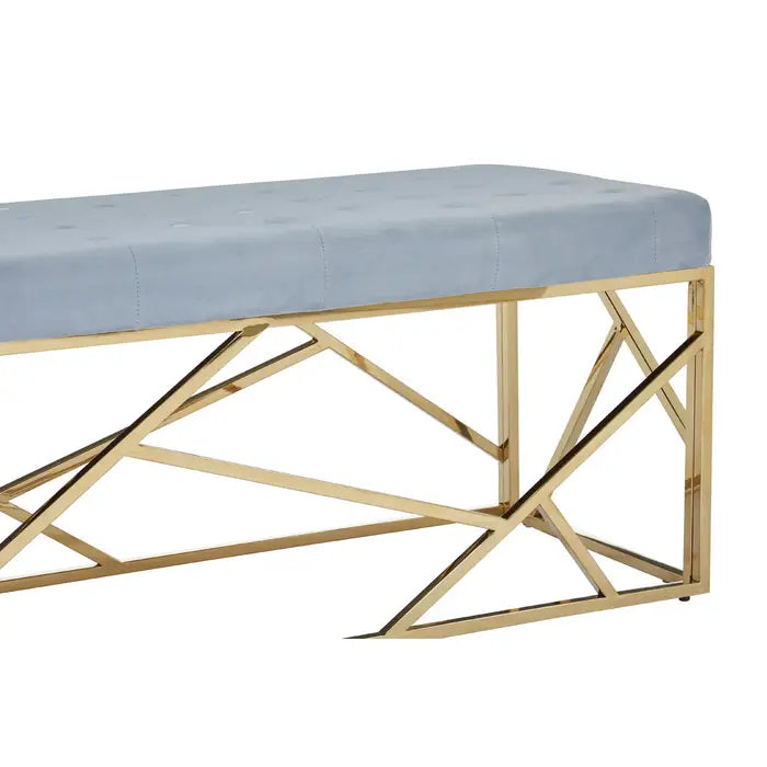 Albion Indoor Bench, Powder Blue Velvet, Geometric Gold Metal Frame