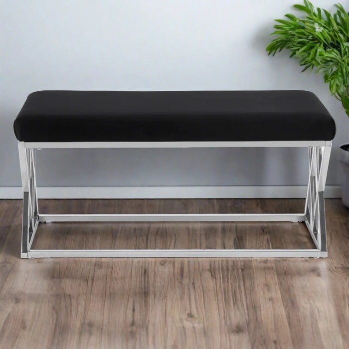 Hampton Indoor Bench, Black velvet, Silver Cross Metal Frame