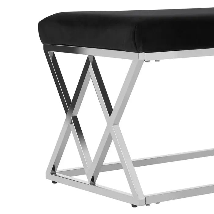 Hampton Indoor Bench, Black Velvet, Silver Cross Metal Frame