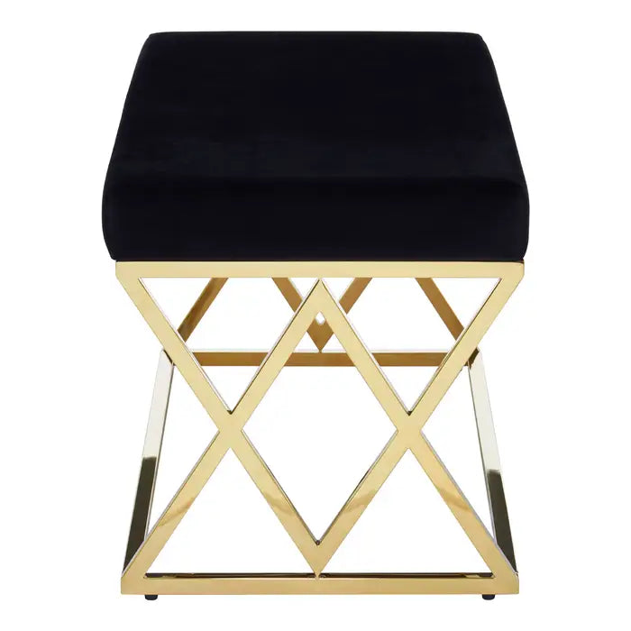 Hampton Indoor Bench, Black Velvet, Gold Cross Frame