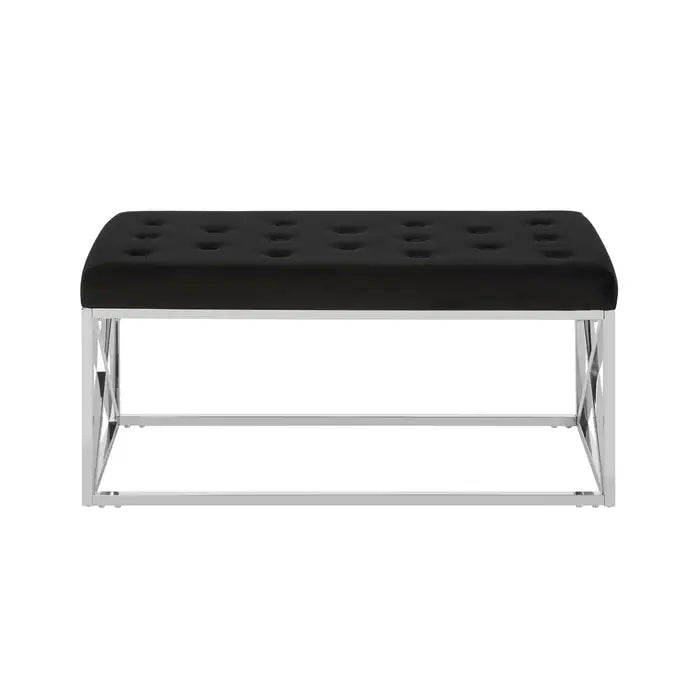 Hampton Indoor Bench, Black Velvet Button Tufted, Silver Metal Frame