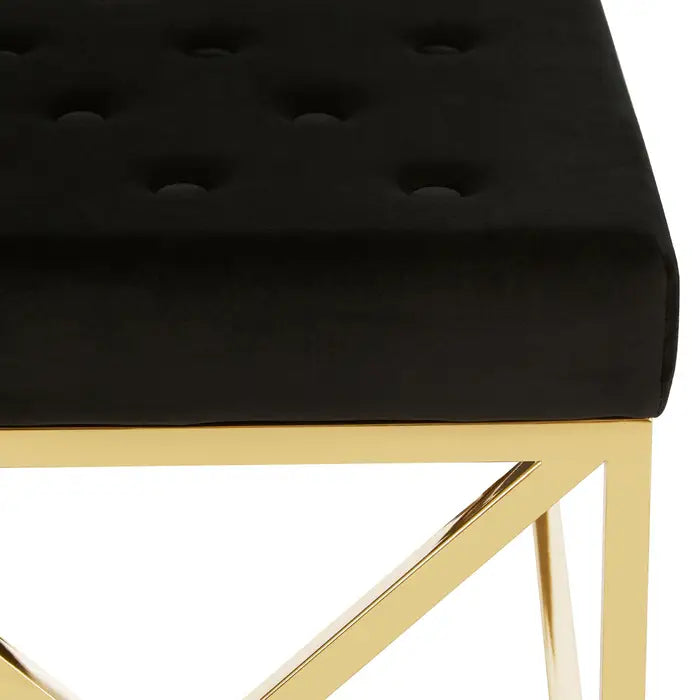 Hampton Indoor Bench, Black Velvet Button Tufted, Gold Metal Frame